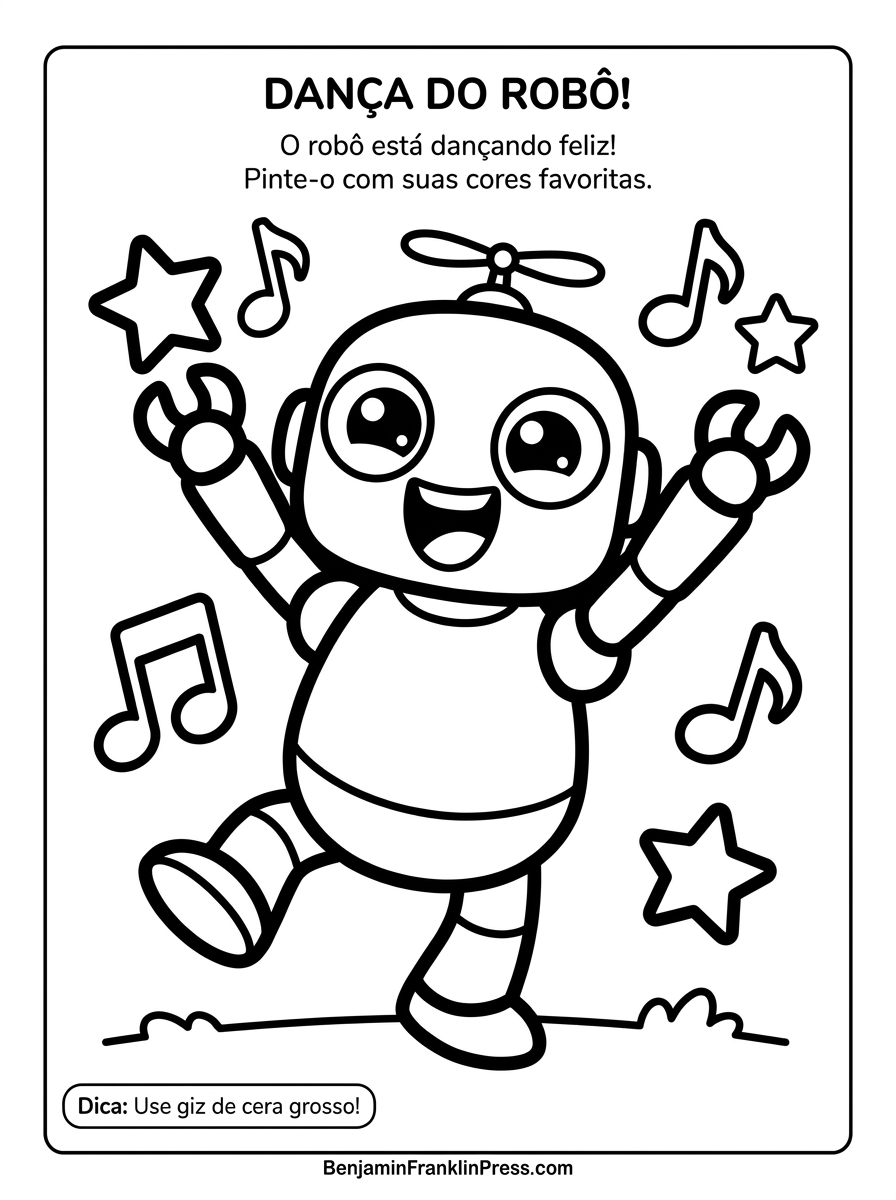 Robô para colorir dançando, desenho fofo com estrelas para crianças