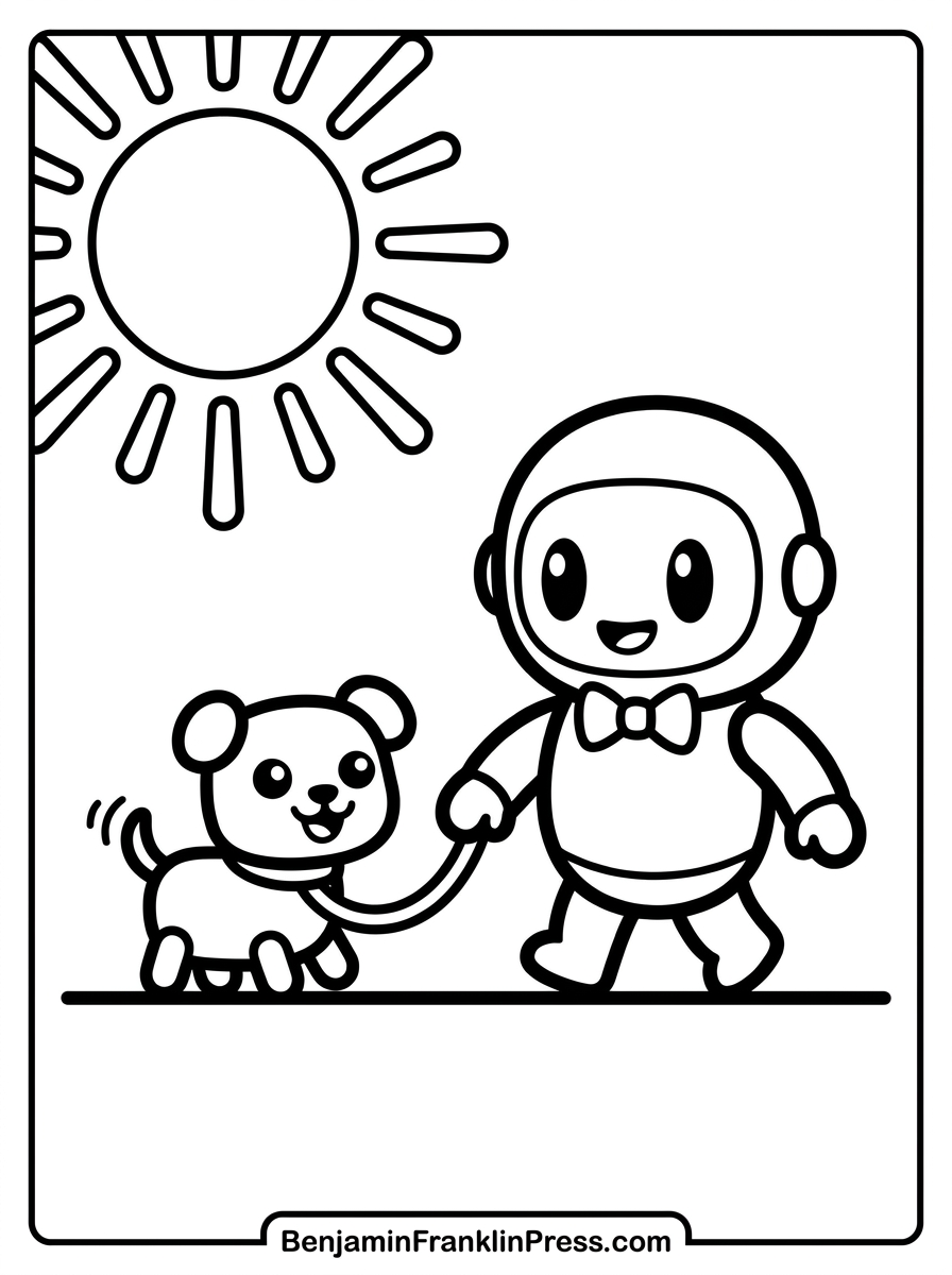 Robô para colorir de mãos dadas com cachorrinho robô, desenho para crianças