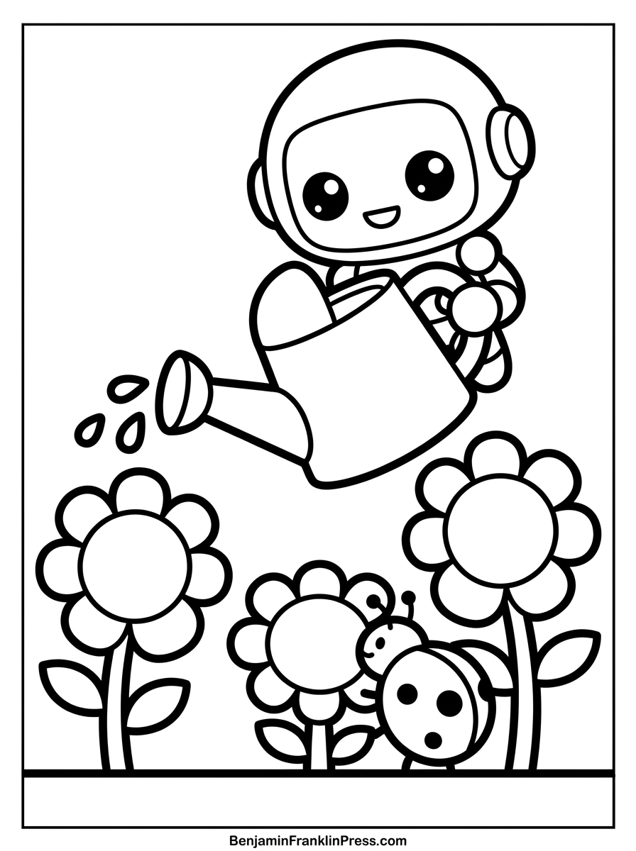 Robô para colorir regando flores no jardim, atividade infantil para imprimir