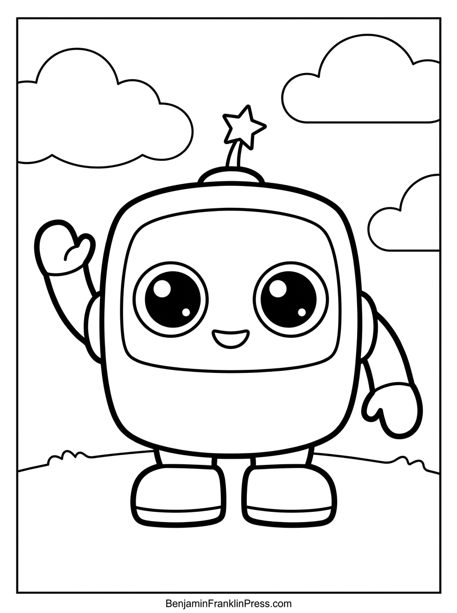 Desenho de robô para colorir acenando, página infantil para imprimir grátis