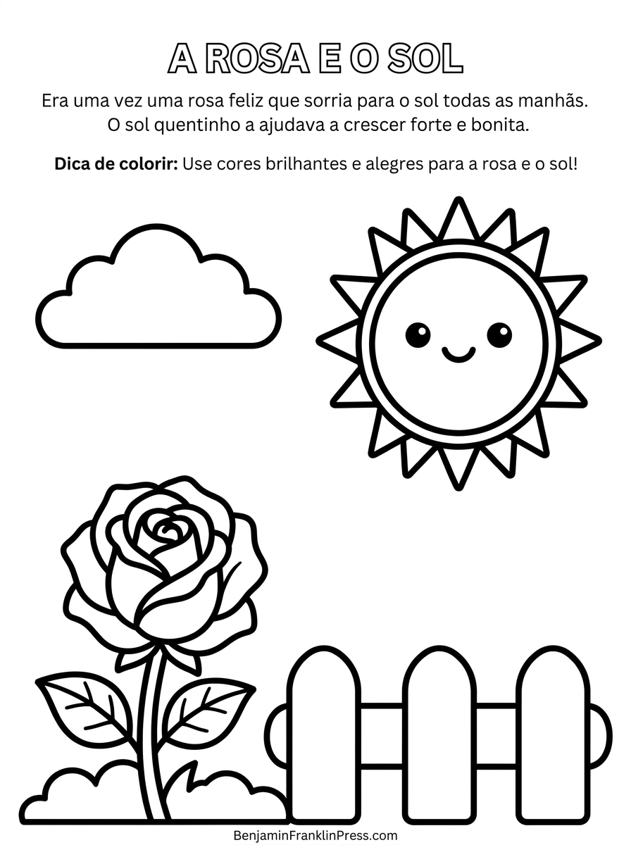 Rosa para colorir em cena de jardim, com cerquinha, sol sorridente e nuvem fofa