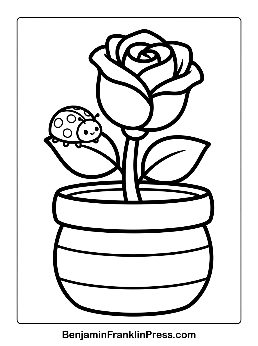 Rosa para colorir plantada em vasinho fofo, com joaninha pousada na folha, desenho infantil