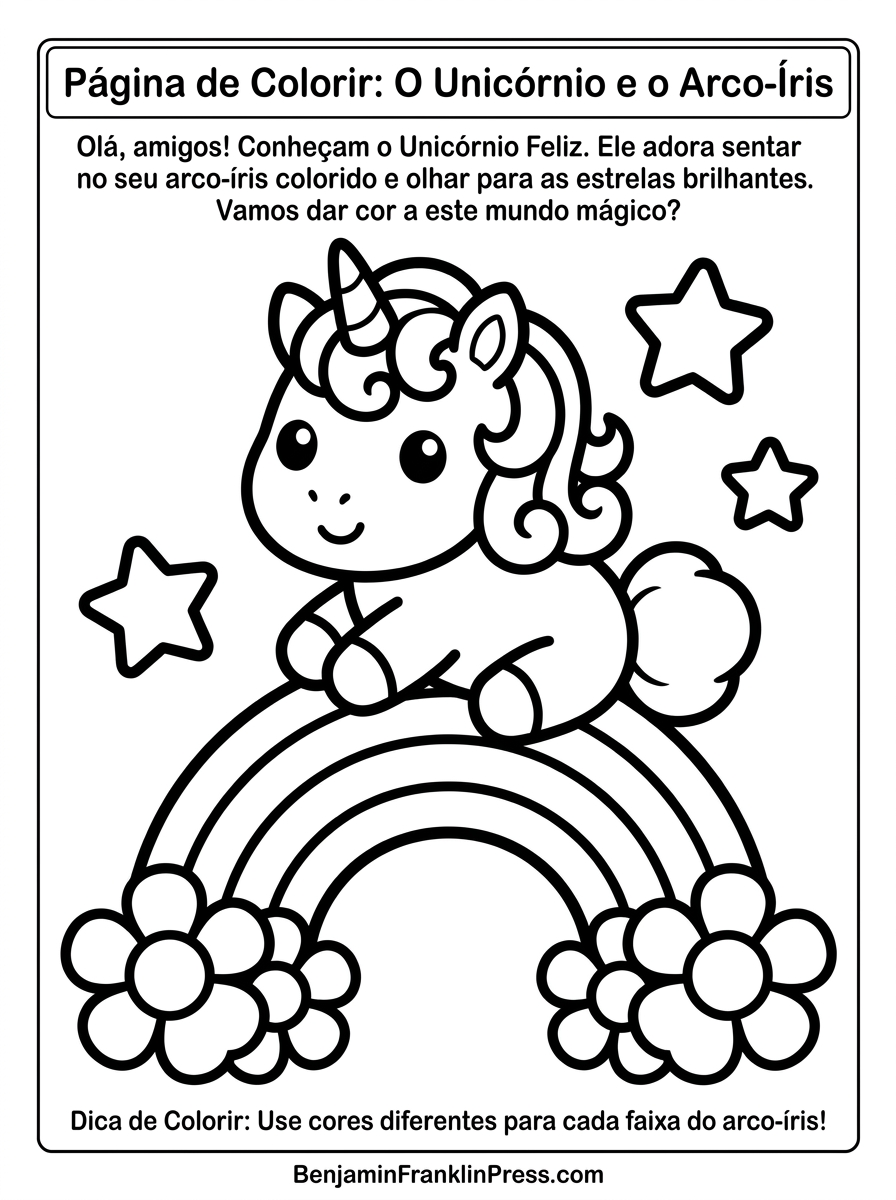 Unicórnio fofo em cima de um arco-íris para colorir, cercado de estrelas e flores, estilo chibi para crianças