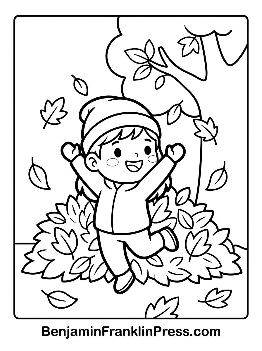 Desenho para colorir de outono para colorir com criança fofa pulando em pilha de folhas secas, estilo chibi, para imprimir