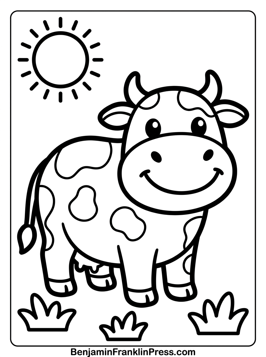 Desenho de vaca para colorir, vaquinha fofa sorridente em pé no campo com sol e grama, estilo chibi de traço grosso