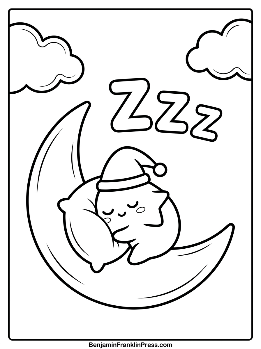 Estrela dorminhoca deitada na lua, desenho para colorir com gorro de dormir