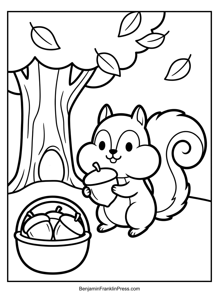 Página de outono para colorir com esquilo fofo segurando bolota grande, estilo chibi, desenho simples para crianças