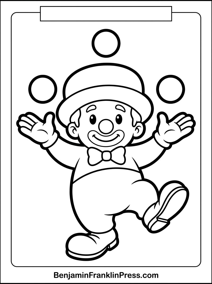 Palhaço para colorir fazendo malabarismo com bolas, desenho simples para crianças