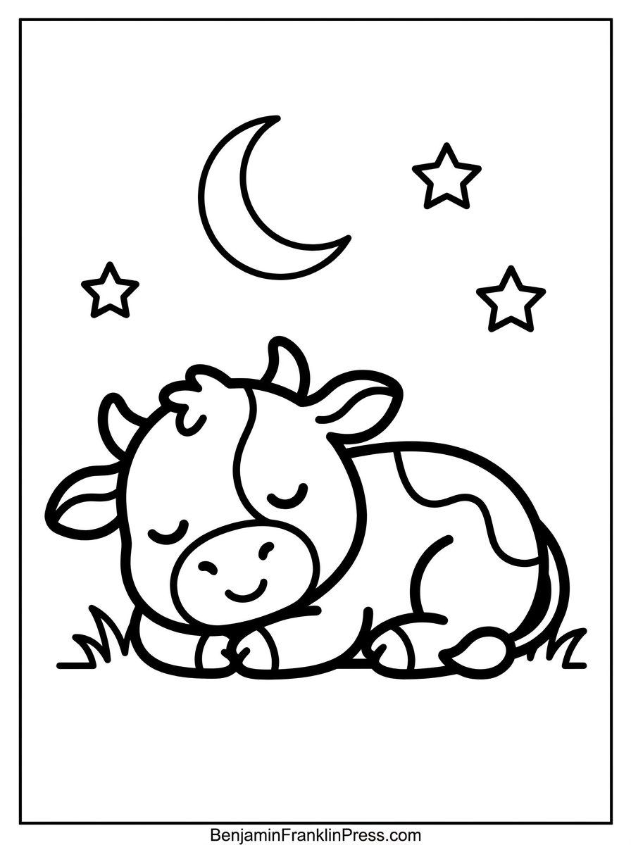 Vaca para colorir infantil, bezerrinho dormindo enroscado sob a lua e as estrelas, desenho fofo de traço grosso