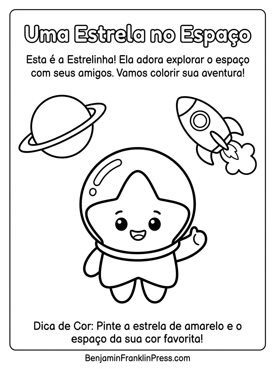 Estrela astronauta com capacete e foguete, desenho para colorir infantil