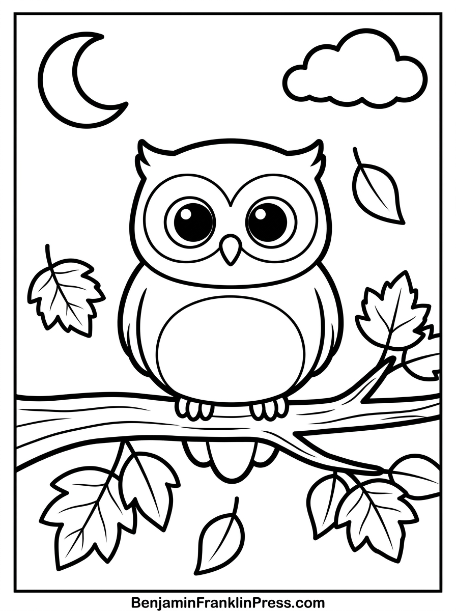 Desenho de outono para colorir com coruja fofa de olhos grandes pousada em galho, estilo chibi, para crianças pequenas