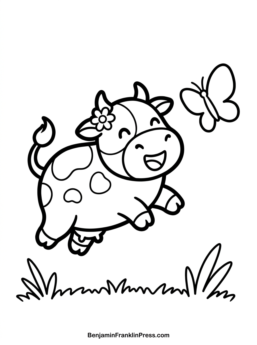 Desenho de vaca para colorir pulando de alegria ao lado de uma borboleta, estilo chibi para crianças pequenas