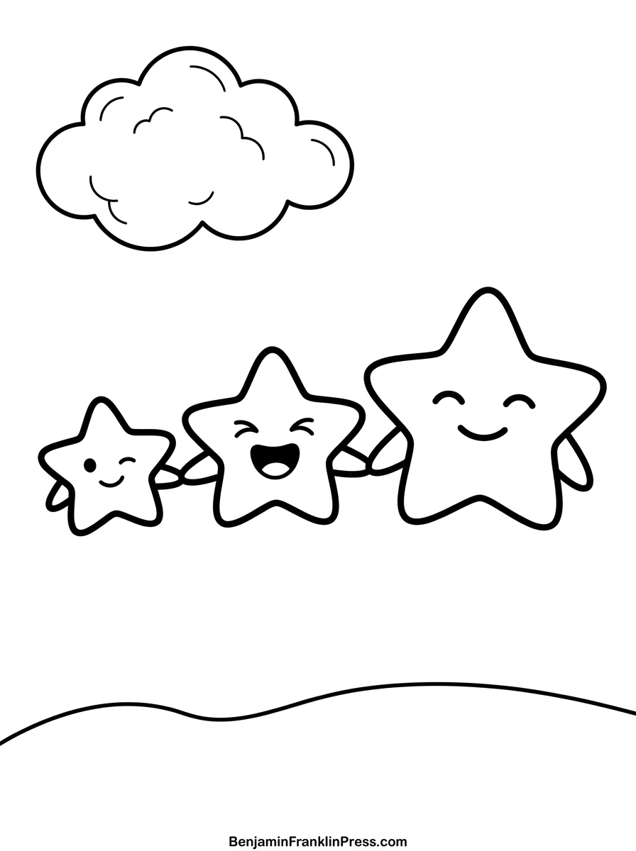 Três estrelas de mãos dadas sorrindo, desenho para colorir sobre amizade