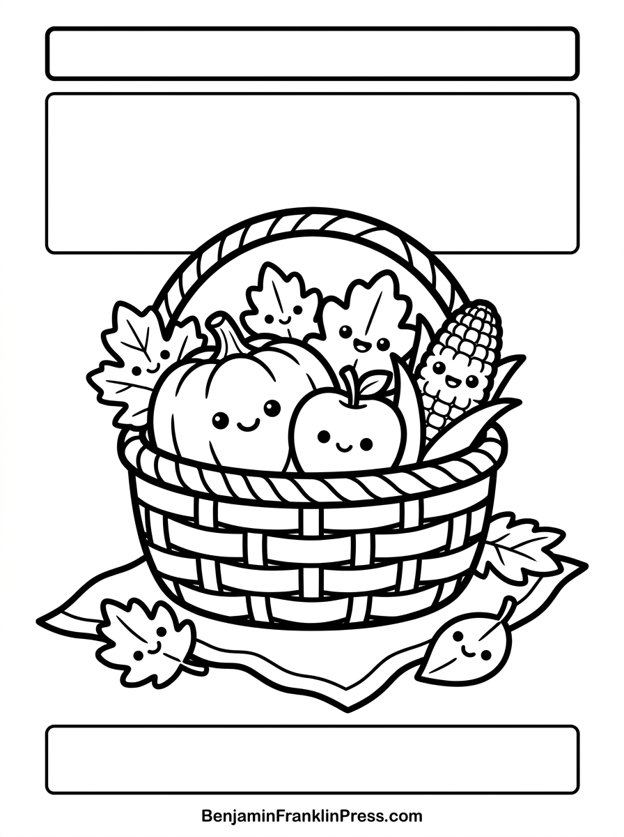 Ilustração de outono para colorir com cesta cheia de abóbora, maçã e milho, estilo fofo, desenho para imprimir