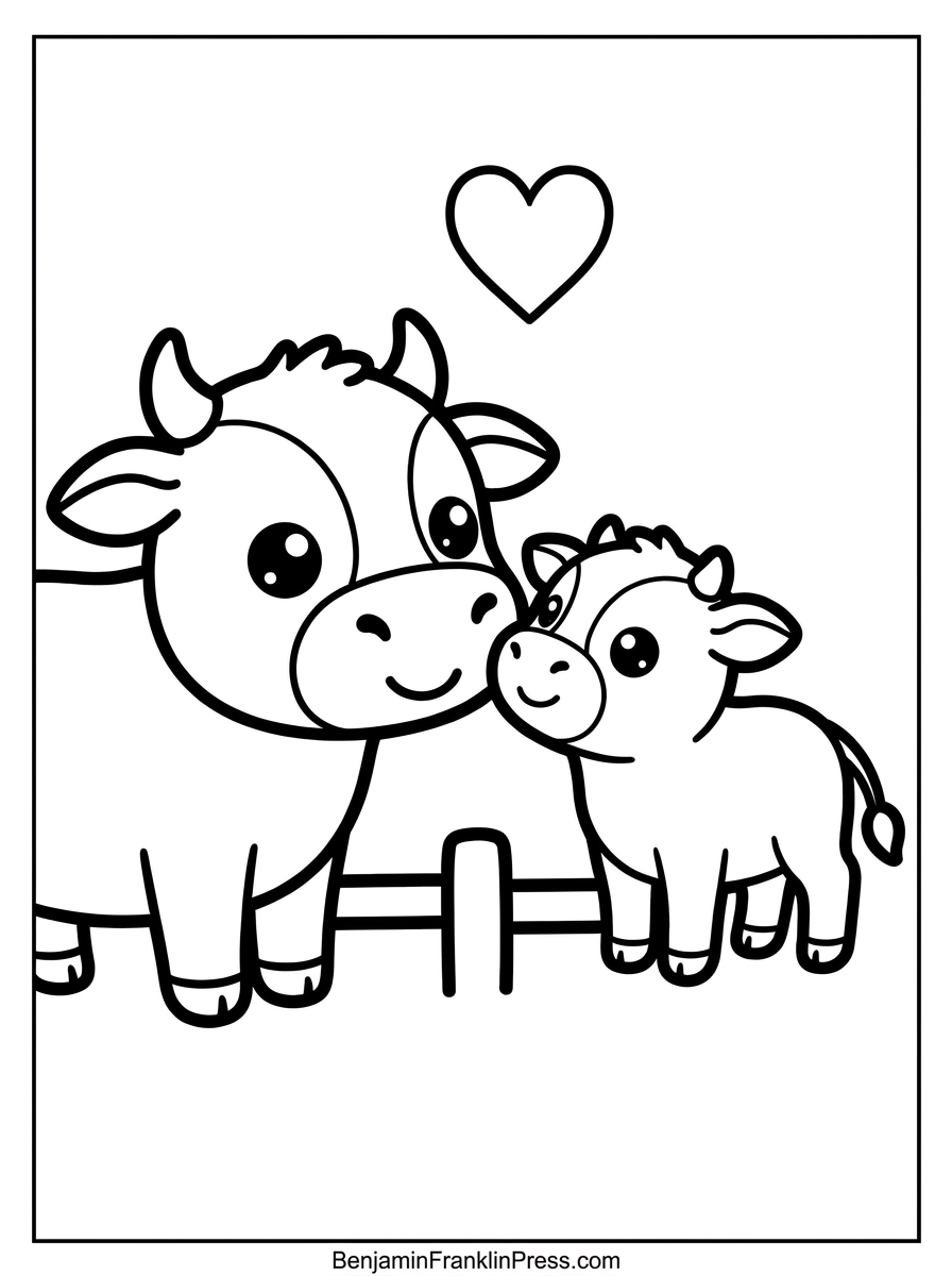 Vaca para colorir com mamãe vaca e bezerrinho tocando os focinhos com carinho, coraçãozinho acima, traço grosso infantil