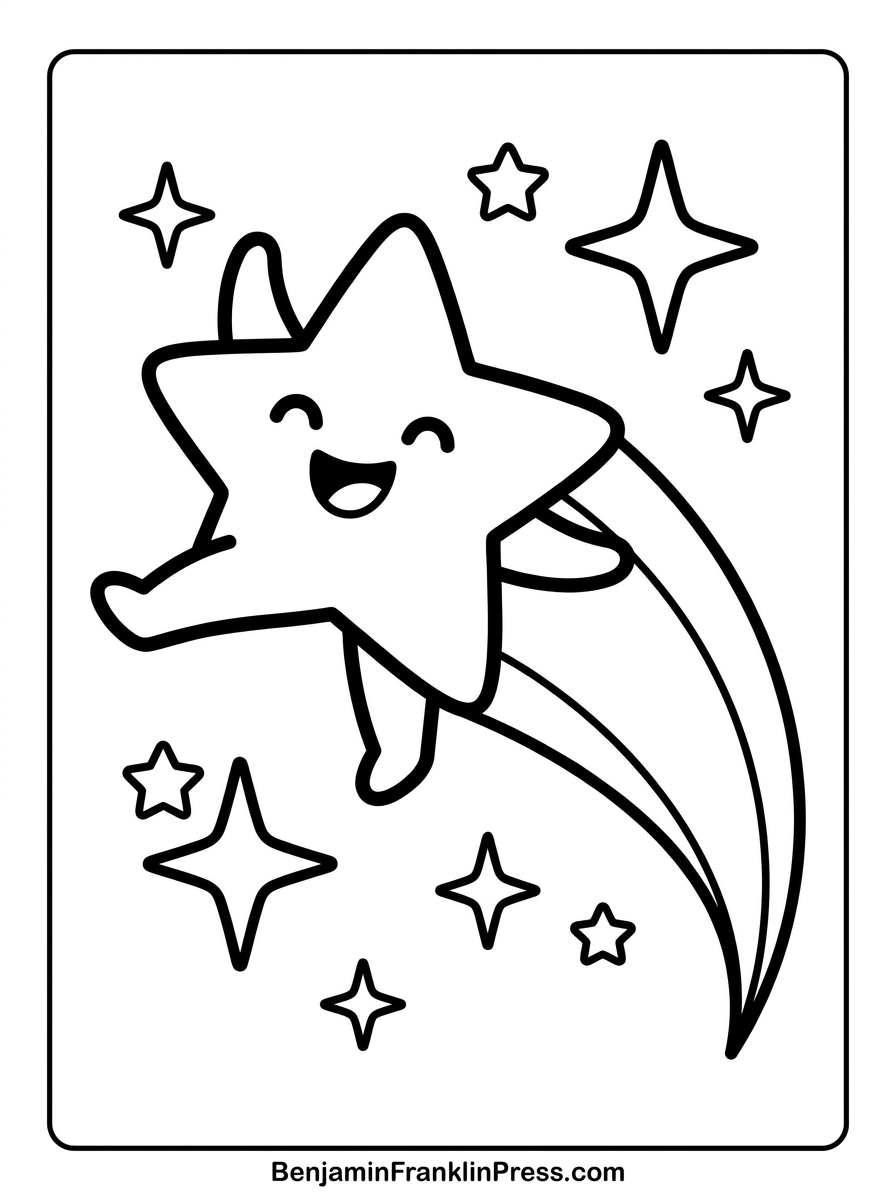 Estrela dançarina com cauda de cometa, desenho para colorir cheio de movimento