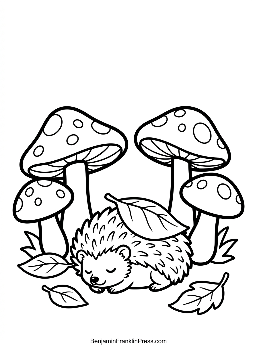 ouriço fofo dormindo sob cogumelos, estilo chibi, desenho suave para crianças