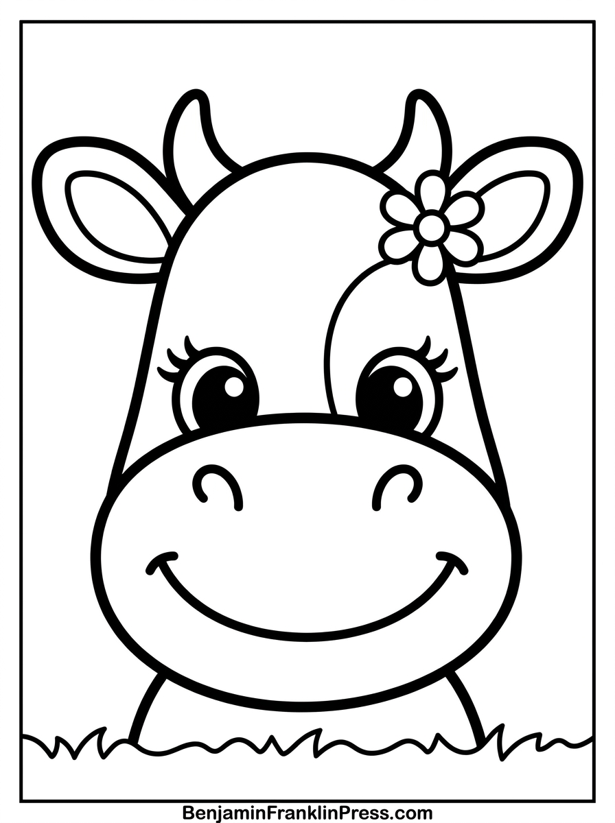 Close-up do rosto fofo de uma vaquinha com florzinha na orelha, desenho simples para crianças pequenas