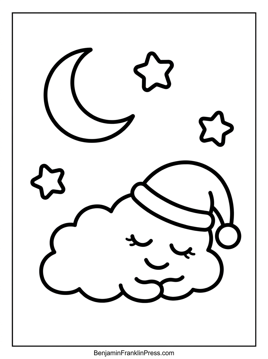 Desenho de nuvem dorminhoca para colorir, com lua e estrelas, página infantil em preto e branco