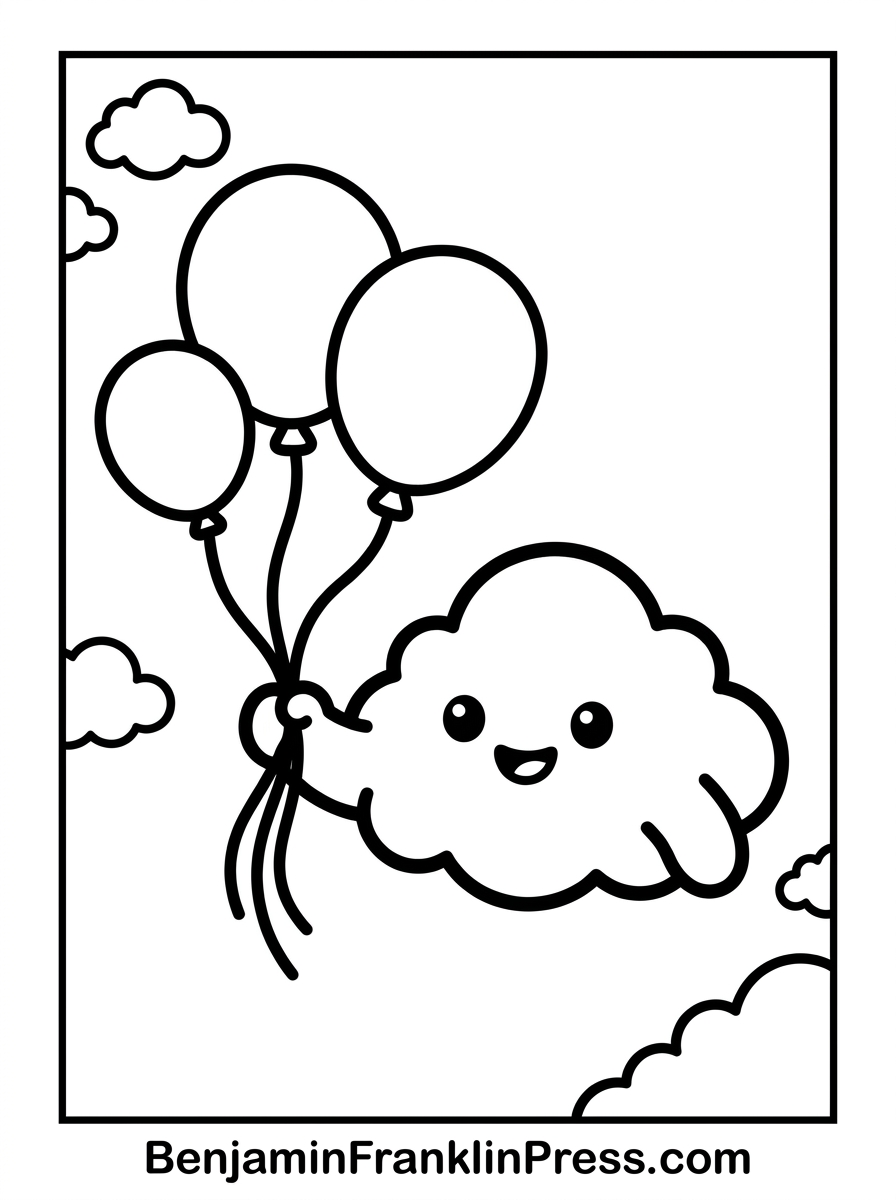 Desenho de nuvem voando com balões para colorir, página infantil com traços grossos