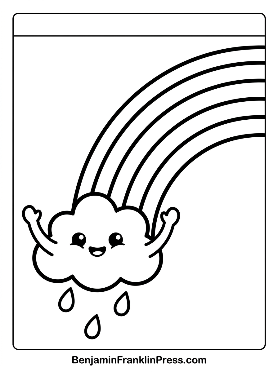 Desenho de nuvem com arco-íris e gotas de chuva para colorir, atividade infantil para imprimir