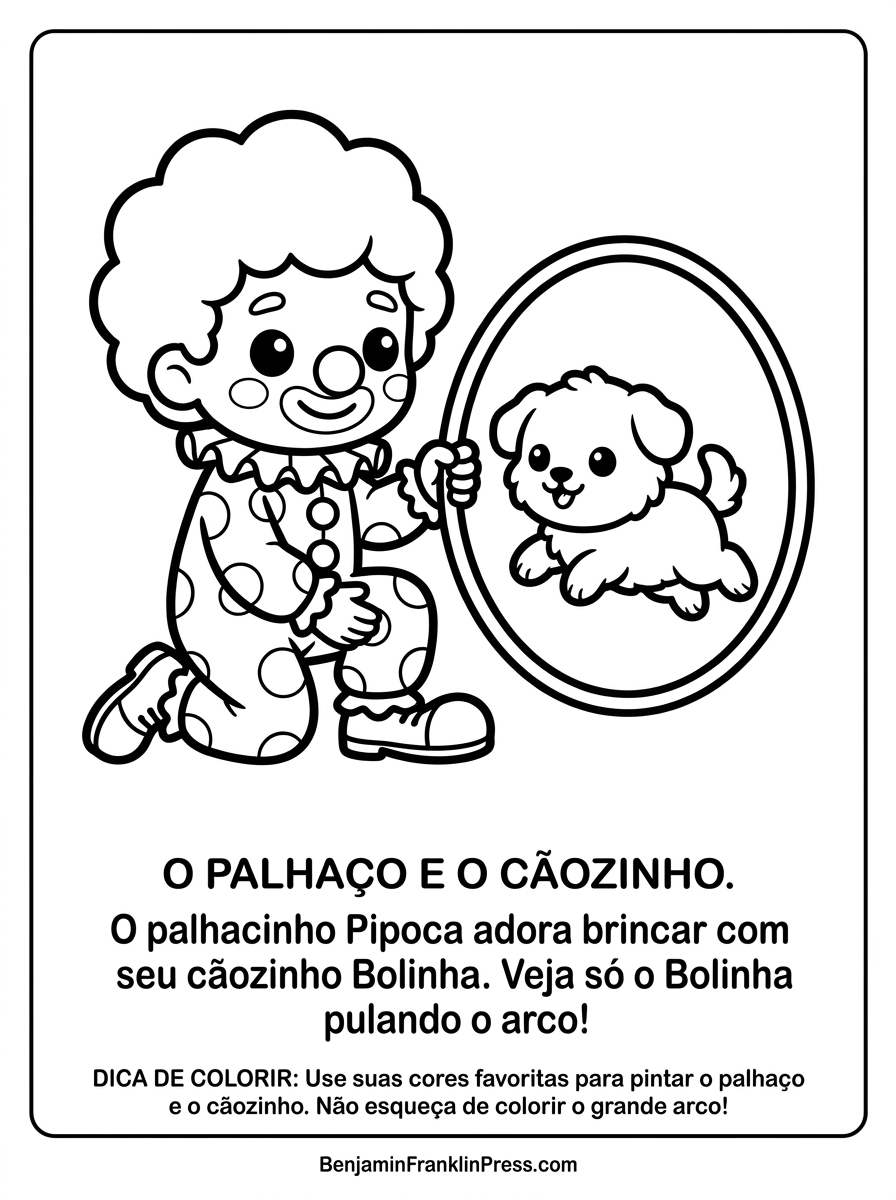 Palhaço para colorir brincando com cachorrinho e arco, desenho fofo para crianças pequenas