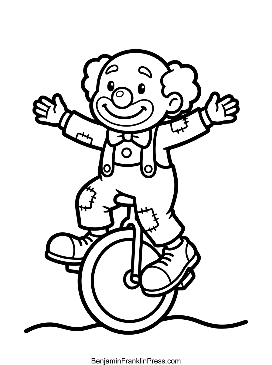 Desenho para colorir de palhaço equilibrando-se em monociclo, traço grosso para crianças