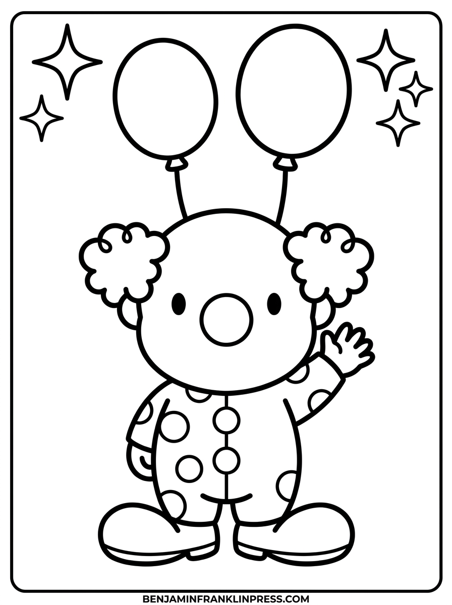 Desenho de palhaço para colorir acenando, com balões e estrelas, ideal para crianças pequenas